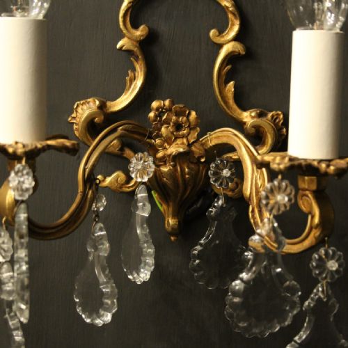 FRENCH PAIR OF GILDED TWIN ARM ANTIQUE WALL LIGHTS - ADDITIONAL PHOTO 7