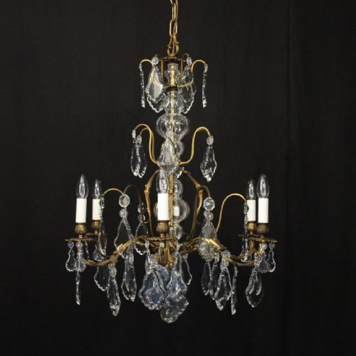 french gilded brass crystal 6 light antique chandelier - CATEGORY: ANTIQUE LIGHTING - DATED 1920