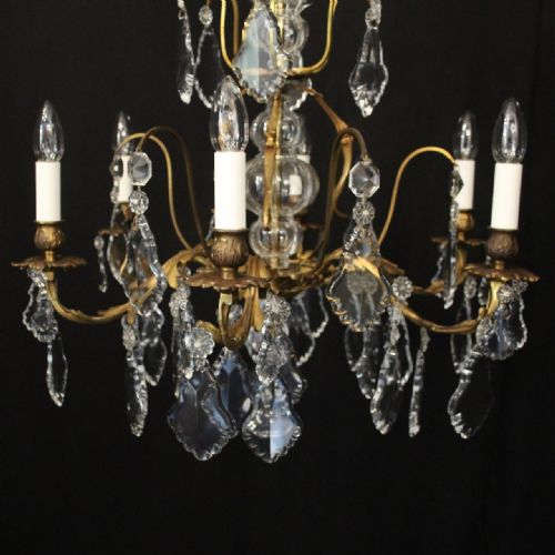 FRENCH GILDED BRASS CRYSTAL 6 LIGHT ANTIQUE CHANDELIER - ADDITIONAL PHOTO 1