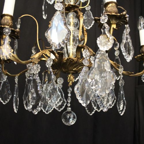 FRENCH GILDED BRASS CRYSTAL 6 LIGHT ANTIQUE CHANDELIER - ADDITIONAL PHOTO 4