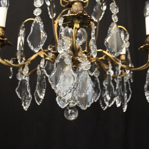 FRENCH GILDED BRASS CRYSTAL 6 LIGHT ANTIQUE CHANDELIER - ADDITIONAL PHOTO 5