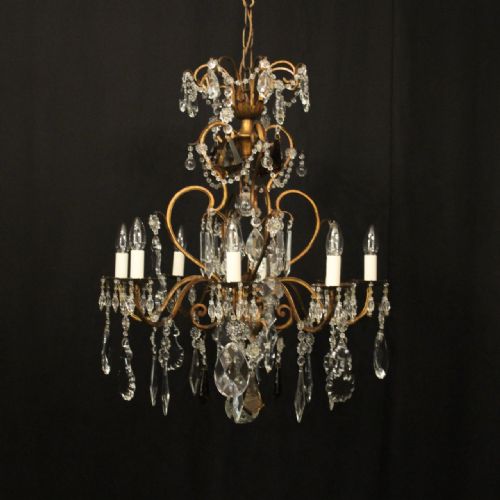 french gilded brass crystal 8 light antique chandelier - CATEGORY: ANTIQUE LIGHTING - DATED 1920