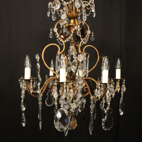 FRENCH GILDED BRASS CRYSTAL 8 LIGHT ANTIQUE CHANDELIER - ADDITIONAL PHOTO 1