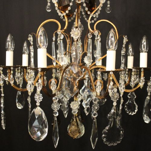 FRENCH GILDED BRASS CRYSTAL 8 LIGHT ANTIQUE CHANDELIER - ADDITIONAL PHOTO 3