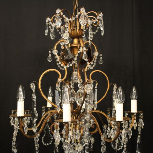 FRENCH GILDED BRASS CRYSTAL 8 LIGHT ANTIQUE CHANDELIER - ADDITIONAL PHOTO 6