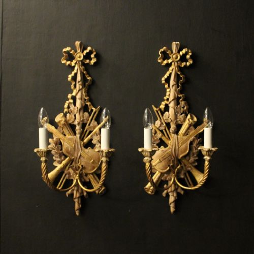 ITALIAN PAIR OF WOODEN TWIN ARM WALL LIGHTS