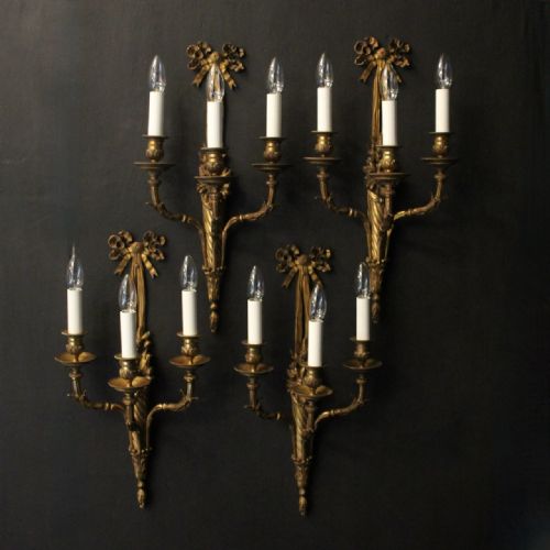 FRENCH SET OF 4 GILDED BRONZE TRIPLE ARM ANTIQUE WALL SCONCES