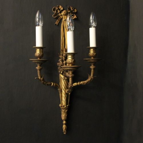 FRENCH SET OF 4 GILDED BRONZE TRIPLE ARM ANTIQUE WALL SCONCES - ADDITIONAL PHOTO 1