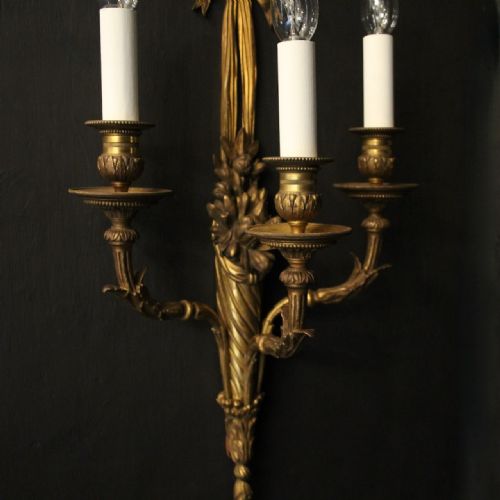 FRENCH SET OF 4 GILDED BRONZE TRIPLE ARM ANTIQUE WALL SCONCES - ADDITIONAL PHOTO 2