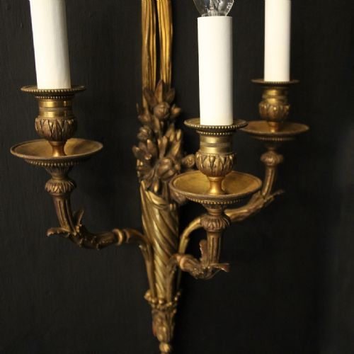 FRENCH SET OF 4 GILDED BRONZE TRIPLE ARM ANTIQUE WALL SCONCES - ADDITIONAL PHOTO 3