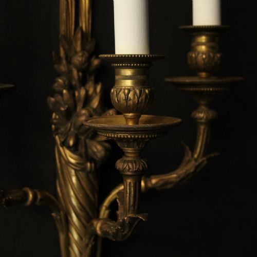 FRENCH SET OF 4 GILDED BRONZE TRIPLE ARM ANTIQUE WALL SCONCES - ADDITIONAL PHOTO 4