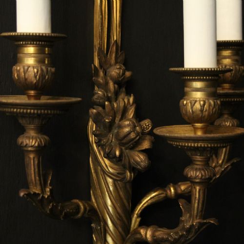 FRENCH SET OF 4 GILDED BRONZE TRIPLE ARM ANTIQUE WALL SCONCES - ADDITIONAL PHOTO 5