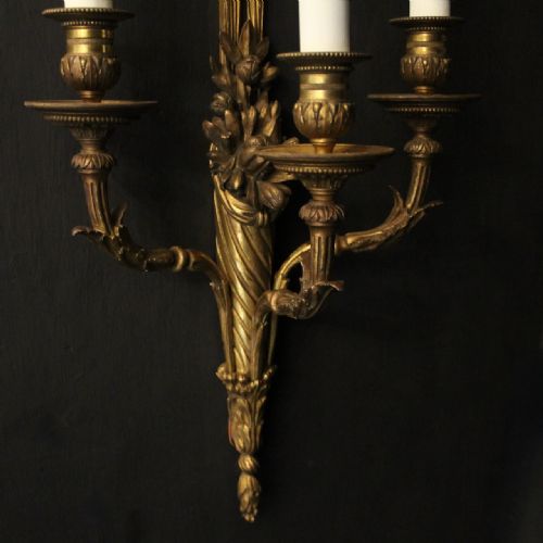 FRENCH SET OF 4 GILDED BRONZE TRIPLE ARM ANTIQUE WALL SCONCES - ADDITIONAL PHOTO 6