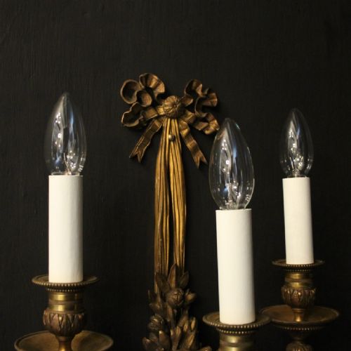 FRENCH SET OF 4 GILDED BRONZE TRIPLE ARM ANTIQUE WALL SCONCES - ADDITIONAL PHOTO 7