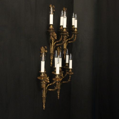 FRENCH SET OF 4 GILDED BRONZE TRIPLE ARM ANTIQUE WALL SCONCES - ADDITIONAL PHOTO 8