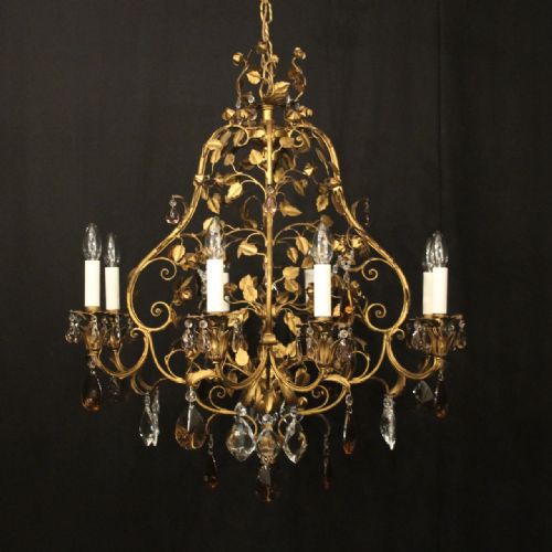FRENCH TOLEWARE CRYSTAL 8 LIGHT CAGE CHANDELIER