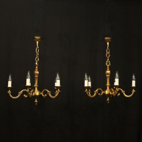 french pair gilded bronze 5 arm chandeliers - CATEGORY: ANTIQUE LIGHTING - DATED 1930
