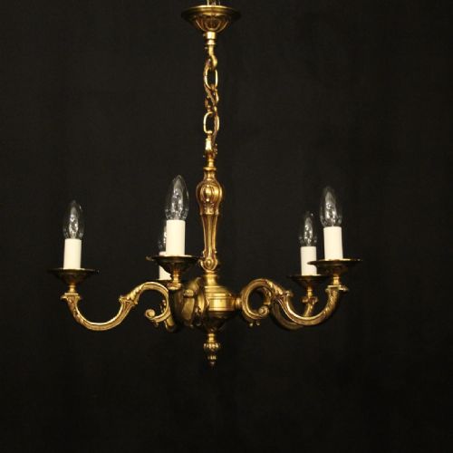 FRENCH PAIR GILDED BRONZE 5 ARM CHANDELIERS - ADDITIONAL PHOTO 1
