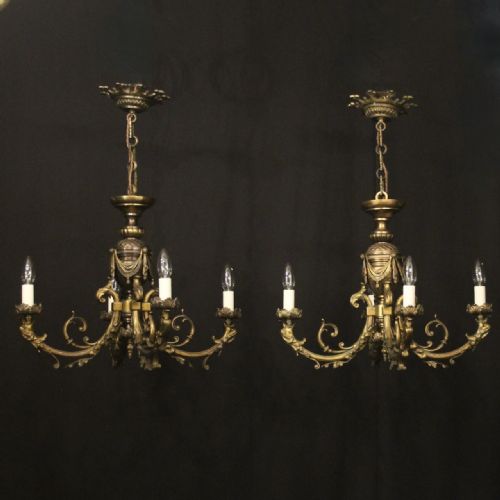 french late 19th century pair gilded bronze 4 light chandeliers - CATEGORY: ANTIQUE LIGHTING - DATED 19TH CENTURY