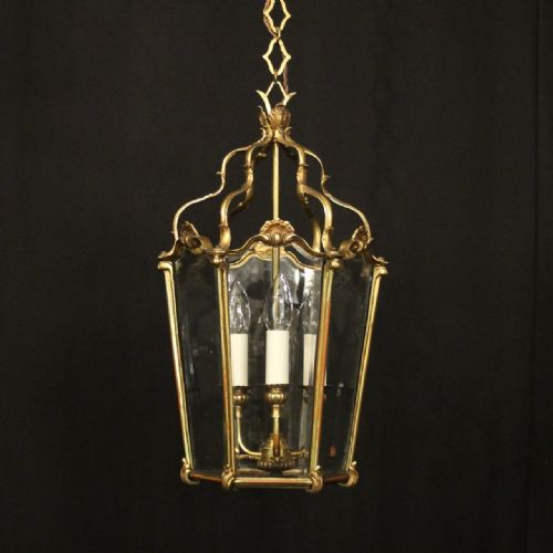 french gilded bronze triple light antique hall lantern - CATEGORY: ANTIQUE LIGHTING - DATED 1920