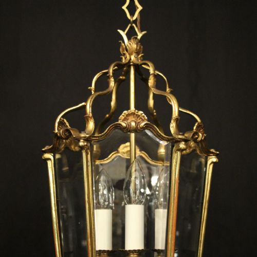 FRENCH GILDED BRONZE TRIPLE LIGHT ANTIQUE HALL LANTERN - ADDITIONAL PHOTO 1