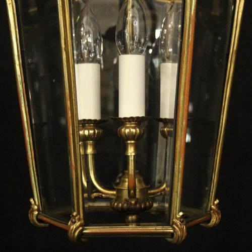 FRENCH GILDED BRONZE TRIPLE LIGHT ANTIQUE HALL LANTERN - ADDITIONAL PHOTO 2