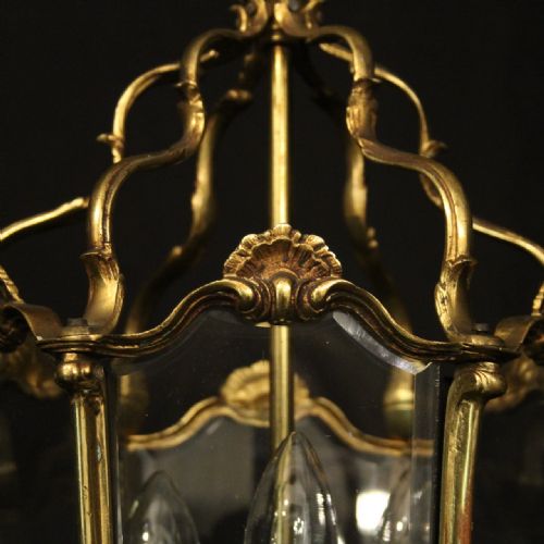FRENCH GILDED BRONZE TRIPLE LIGHT ANTIQUE HALL LANTERN - ADDITIONAL PHOTO 3