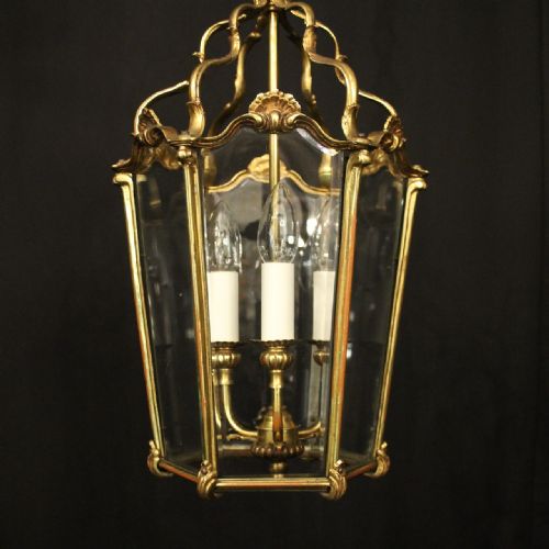 FRENCH GILDED BRONZE TRIPLE LIGHT ANTIQUE HALL LANTERN - ADDITIONAL PHOTO 4