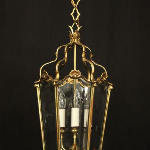 FRENCH GILDED BRONZE TRIPLE LIGHT ANTIQUE HALL LANTERN - ADDITIONAL PHOTO 5