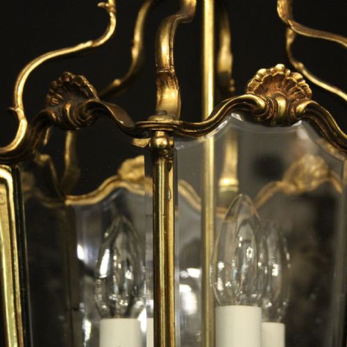 FRENCH GILDED BRONZE TRIPLE LIGHT ANTIQUE HALL LANTERN - ADDITIONAL PHOTO 6