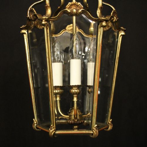 FRENCH GILDED BRONZE TRIPLE LIGHT ANTIQUE HALL LANTERN - ADDITIONAL PHOTO 7