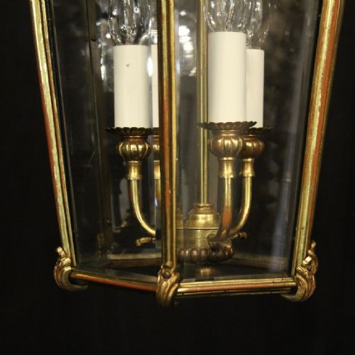 FRENCH GILDED BRONZE TRIPLE LIGHT ANTIQUE HALL LANTERN - ADDITIONAL PHOTO 8