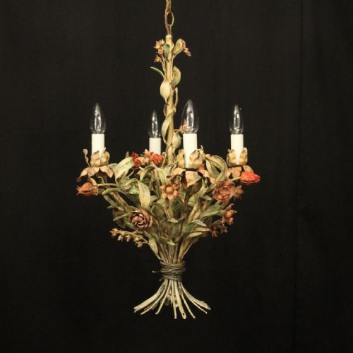 FRENCH TOLEWARE POLYCHROME FOUR LIGHT ANTIQUE CHANDELIER