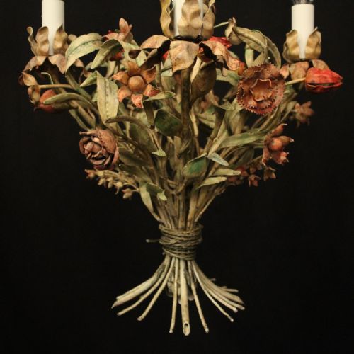 FRENCH TOLEWARE POLYCHROME FOUR LIGHT ANTIQUE CHANDELIER - ADDITIONAL PHOTO 1