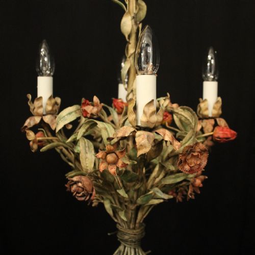 FRENCH TOLEWARE POLYCHROME FOUR LIGHT ANTIQUE CHANDELIER - ADDITIONAL PHOTO 2