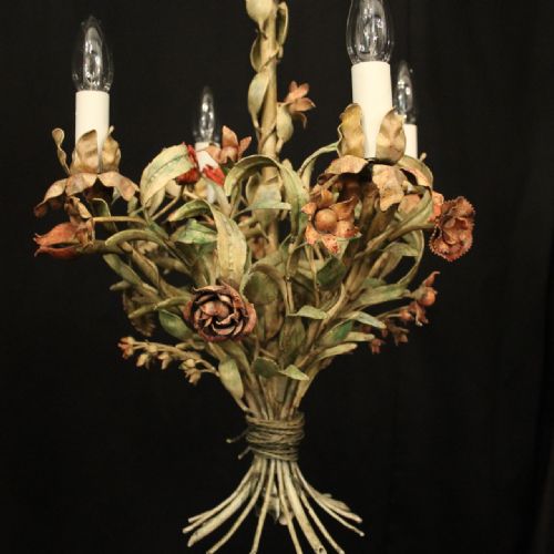 FRENCH TOLEWARE POLYCHROME FOUR LIGHT ANTIQUE CHANDELIER - ADDITIONAL PHOTO 3