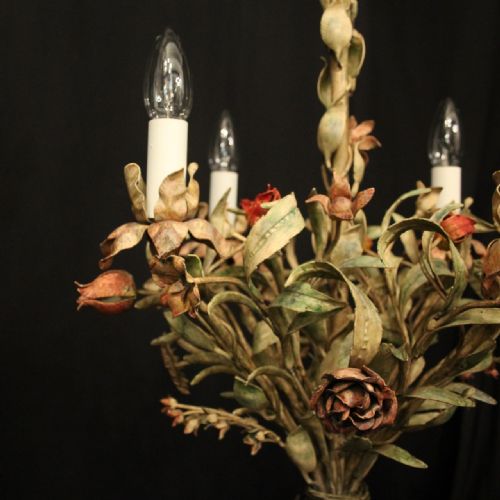 FRENCH TOLEWARE POLYCHROME FOUR LIGHT ANTIQUE CHANDELIER - ADDITIONAL PHOTO 4