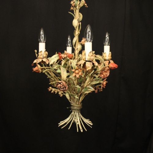 FRENCH TOLEWARE POLYCHROME FOUR LIGHT ANTIQUE CHANDELIER - ADDITIONAL PHOTO 5