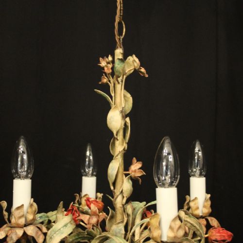 FRENCH TOLEWARE POLYCHROME FOUR LIGHT ANTIQUE CHANDELIER - ADDITIONAL PHOTO 9