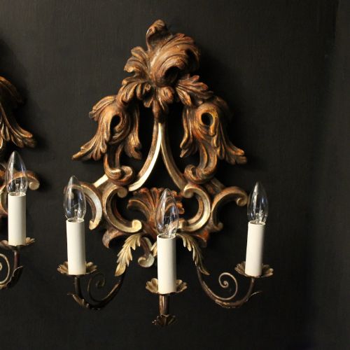 FLORENTINE PAIR GILTWOOD ANTIQUE WALL LIGHTS - ADDITIONAL PHOTO 1