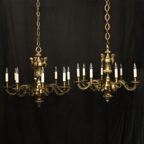 FRENCH PAIR BRONZE 8 LIGHT ANTIQUE CHANDELIERS