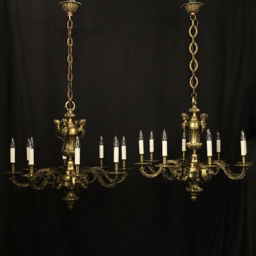 FRENCH PAIR BRONZE 8 LIGHT ANTIQUE CHANDELIERS - ADDITIONAL PHOTO 1