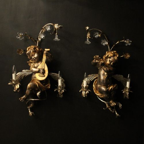 ITALIAN LARGE GILTWOOD MURANO CHERUB TWIN ARM WALL LIGHTS