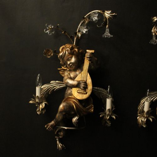 ITALIAN LARGE GILTWOOD MURANO CHERUB TWIN ARM WALL LIGHTS - ADDITIONAL PHOTO 1