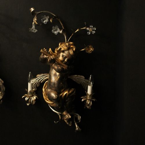 ITALIAN LARGE GILTWOOD MURANO CHERUB TWIN ARM WALL LIGHTS - ADDITIONAL PHOTO 2