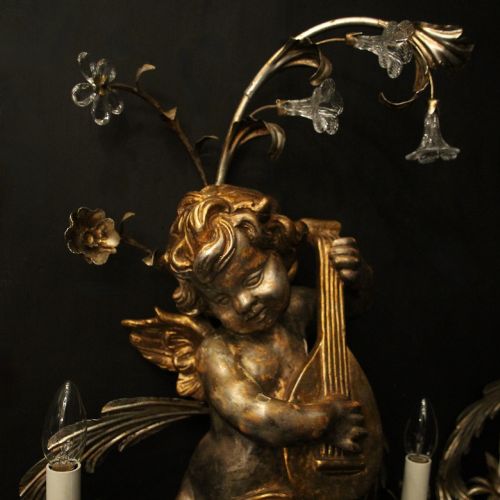 ITALIAN LARGE GILTWOOD MURANO CHERUB TWIN ARM WALL LIGHTS - ADDITIONAL PHOTO 5