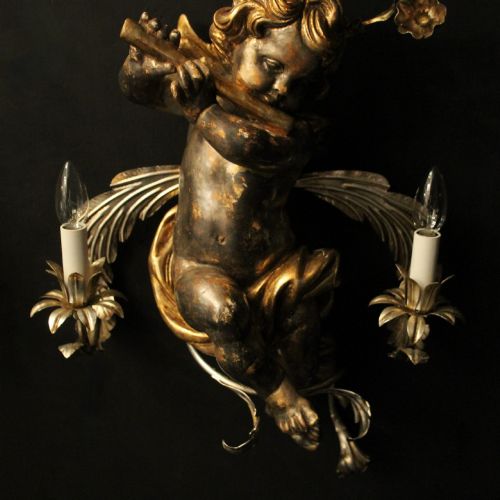 ITALIAN LARGE GILTWOOD MURANO CHERUB TWIN ARM WALL LIGHTS - ADDITIONAL PHOTO 7
