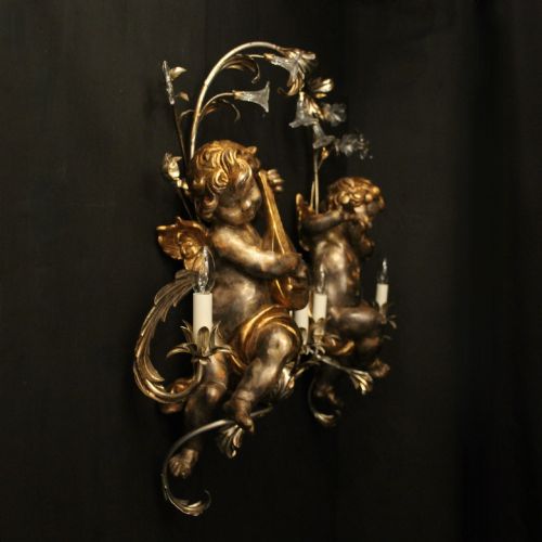 ITALIAN LARGE GILTWOOD MURANO CHERUB TWIN ARM WALL LIGHTS - ADDITIONAL PHOTO 8
