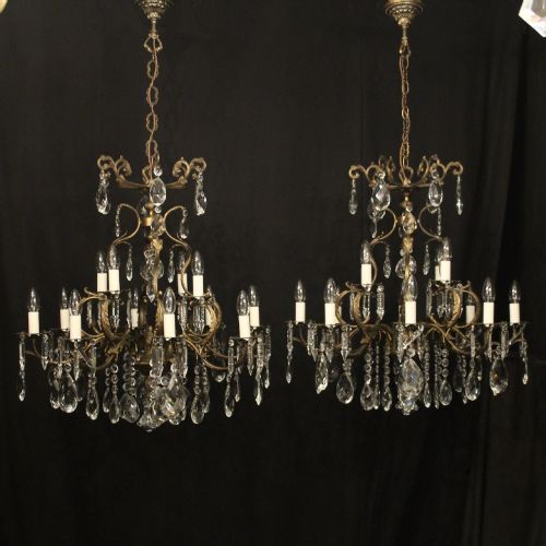 FRENCH PAIR OF 12 LIGHT TIERED ANTIQUE CHANDELIERS