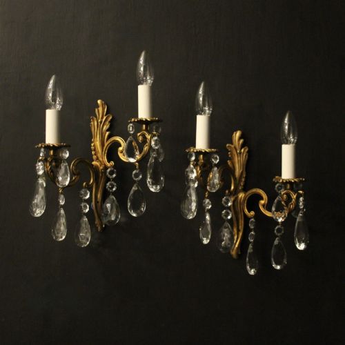 FRENCH PAIR OF CRYSTAL TWIN ARM ANTIQUE WALL LIGHTS
